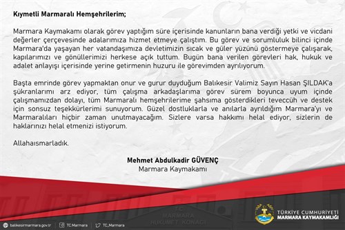 Kaymakamımız Sayın Mehmet Abdulkadir GÜVENÇ'in Veda Mesajı